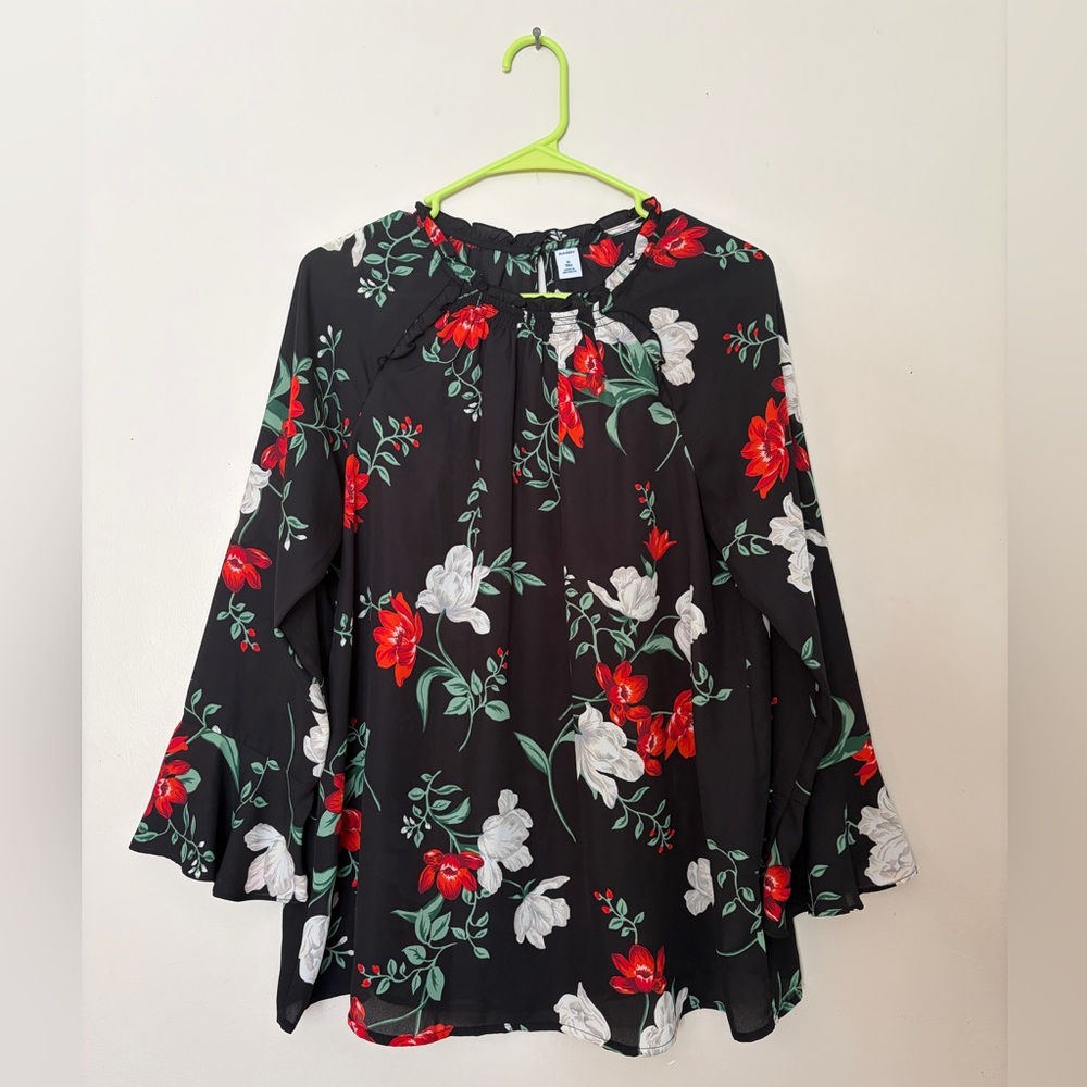 Old Navy Black Blouse with Red and White Floral Design